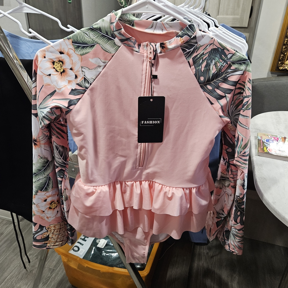 New Girls Rash Guard Long Sleeve One Pc Swimsuit Pink Flowers Zip-Up Size 9-12